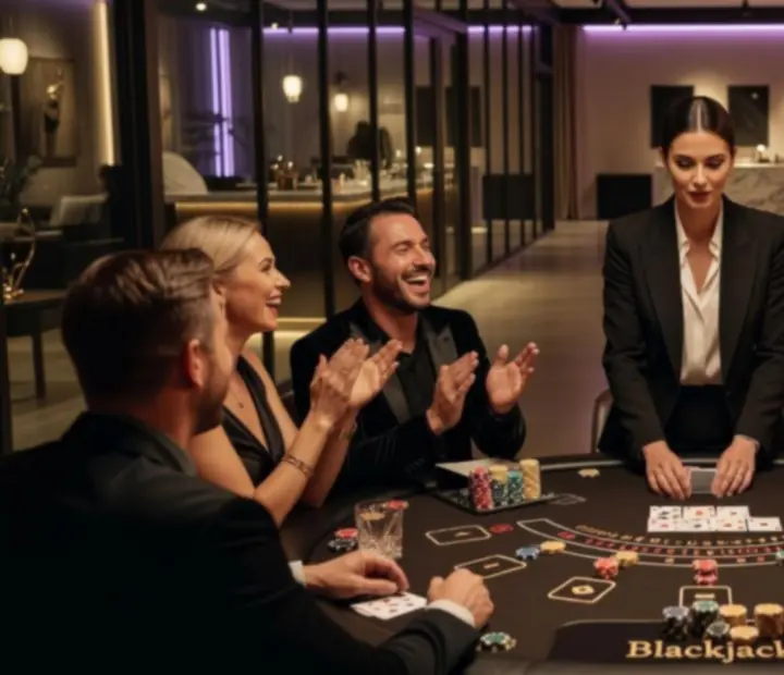 Goście podczas wieczoru Blackjack w różnych przestrzeniach eventowych.