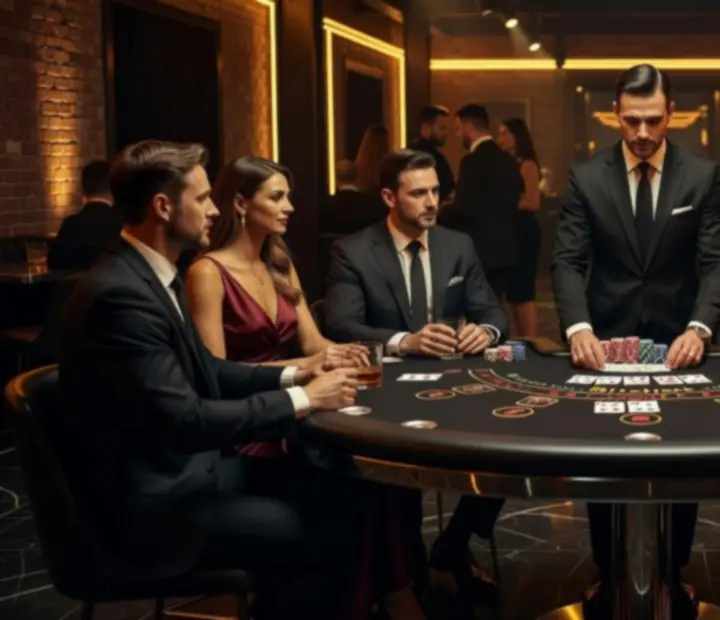 Mobilne stanowisko Blackjack z pomarańczową poświatą LED podczas eleganckiego eventu.