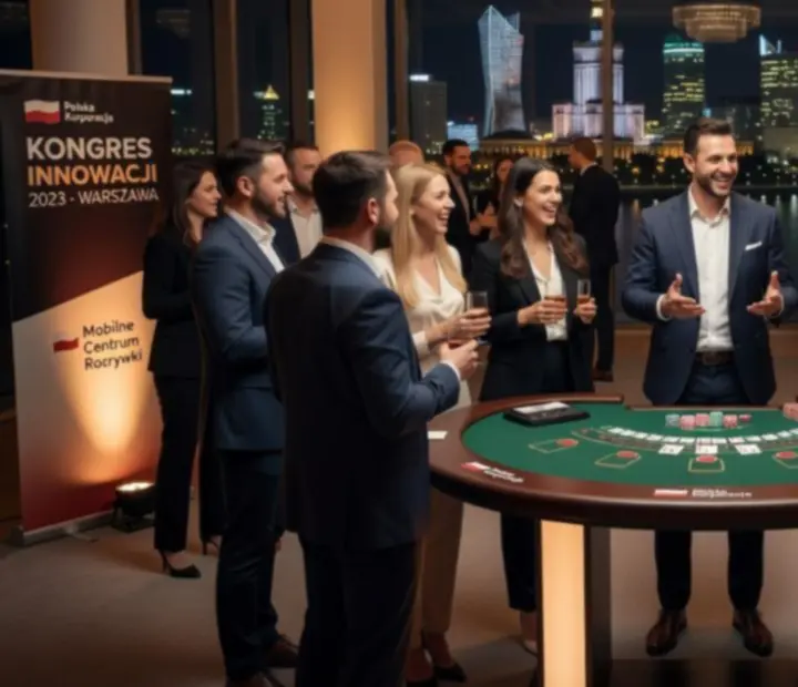 Uczestnicy eventu firmowego grający w Blackjack przy eleganckim stole.