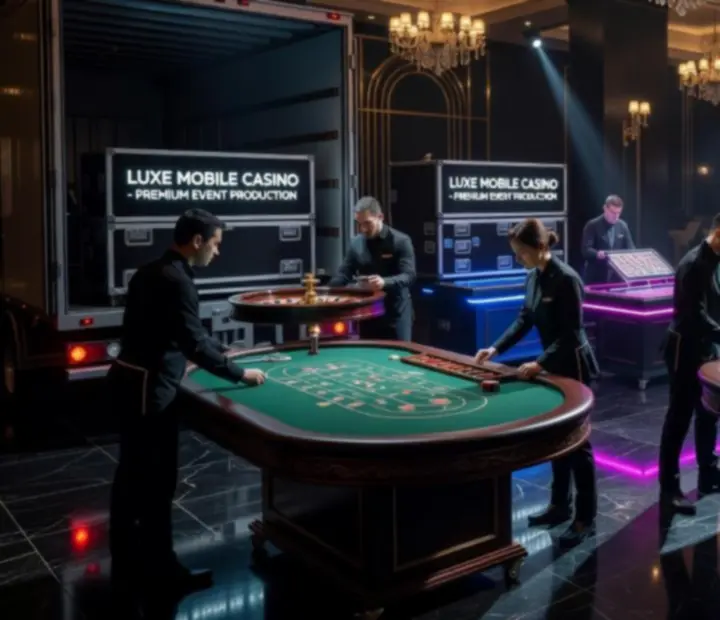 Zespół Kruk Dorota Beata przygotowujący mobilną strefę pokerowo-rozrywkową w eleganckiej sali eventowej