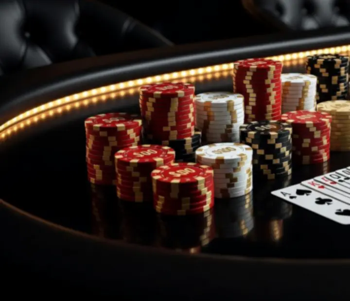 Profesjonalne stoły pokerowe, żetony i karty przygotowane do mobilnego eventu