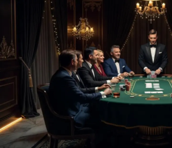 Prywatne mobilne wydarzenie rozrywkowe z eleganckim stołem pokerowym i gośćmi podczas gry